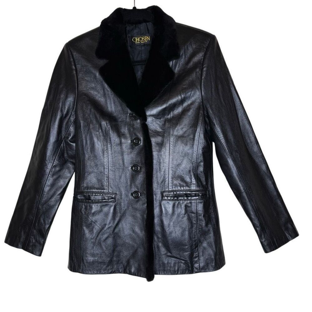 Chosen Couture Collection Leather & Mink Blazer Black Size S Vintage, Old Money